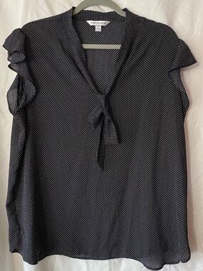 Counterparts Black White Polka Dot Blouse Top W Short Flutter Sleeve &Tie XL
